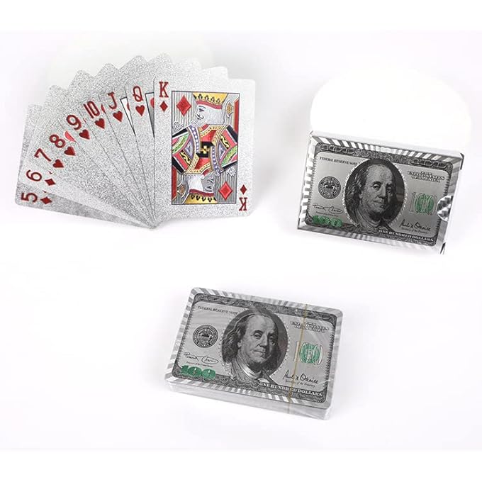 rayihni بطاقة لعب كلاسيكية فضية وخضراء 1 مجموعة من 24K مع نمط الدولار، بطاقات لعب مقاومة للماء وبوكر مرن مع صندوق - أداة سحرية كلاسيكية للهدايا والحفلات والألعاب - Image 1